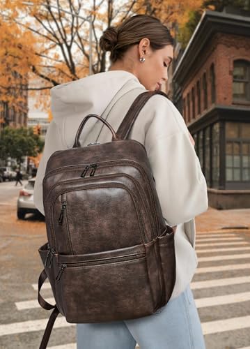 Leather 17 inch Laptop Backpack for Women, Large Travel Backpack Purse for Casual Daypack College Work Bag - color: Coffee