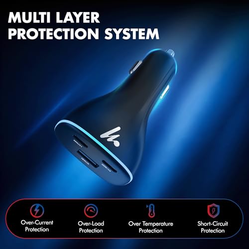 PD 130W Superfast Charging 2.0 Wozoyo Car Charger, with 2XType C & USB-A, PPS & QC 3.0, Triple Port (100W + 30W + 18W), 12V–24V Compatible, Multi-Layer Protection, 2-Years Manufacturer Warranty