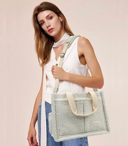 Large Canvas Tote Bag for Women Work Tote Bags with Pockets Laptop Crossbody Purses Everyday Bag Handbags for Travel - color: Plush Beige