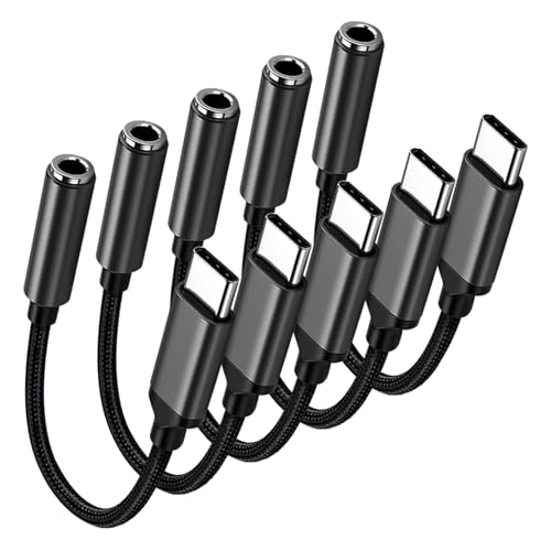 5 Pack USB C to 3.5mm Headphone Jack Adapter Type C Audio Aux Cable Dongle Compatible with iPhone 16/15/15 Plus/15 Pro/15 Pro Max/iPad/Pixel, Samsung Galaxy S23 S22 S21 S20 Ultra Z (Black Nylon) - color: Black Nylon