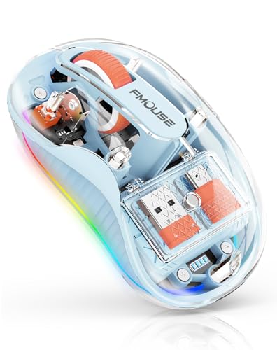 FMOUSE Transparent Wireless Mouse, Tri-Mode Bluetooth 5.1 & 2.4GHz, USB-A & USB-C Receiver, Silent Rechargeable RGB, 3 Devices for MacBook Laptop iPad PC, Fresh Macaron — Blue - color: Blue