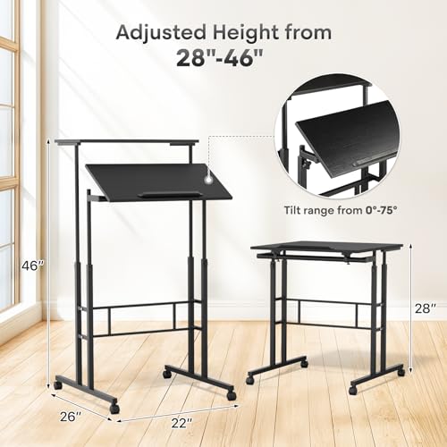 Athena Collection Rolling Standing Desk Small Mobile Table, Black | 4 Lockable Wheels, Engineered Wood Split Top, Adjustable Height for Home Office Computer Workstation - color: Black