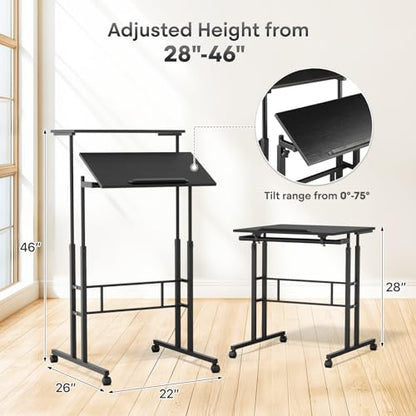 Athena Collection Rolling Standing Desk Small Mobile Table, Black | 4 Lockable Wheels, Engineered Wood Split Top, Adjustable Height for Home Office Computer Workstation - color: Black
