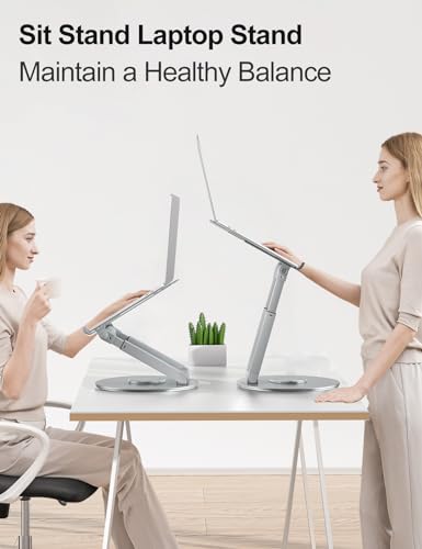 tounee Telescopic Laptop Stand for Desk with 360° Swivel Base, Sit to Stand, Height Adjustable, Portable Riser Holder for Good Posture, Compatible with All Laptops 10-17"-Silver - color: Silver