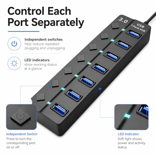 USB 3.0 Hub with 7*USB 3.0 Ports, 5Gbps High-Speed USB Extender with Individual Switch and LED Indicator Light, USB Hub for Laptop, PC, MacBook, Mac Pro, Mac mini, iMac, Surface Pro and More-1FT