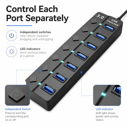USB 3.0 Hub with 7*USB 3.0 Ports, 5Gbps High-Speed USB Extender with Individual Switch and LED Indicator Light, USB Hub for Laptop, PC, MacBook, Mac Pro, Mac mini, iMac, Surface Pro and More-1FT
