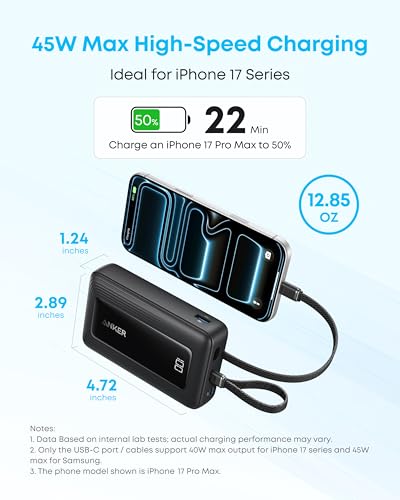 Anker Power Bank,20,000mAh 45W Portable Charger,Dual Built-in USB-C Cables - color: White, size: Built-in C cable*2