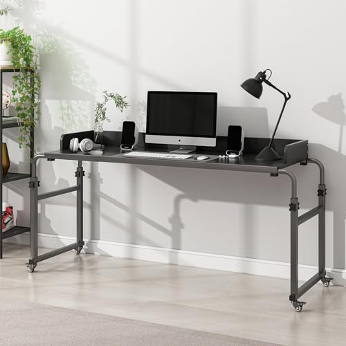 LINGMI Kids and Adult Desk, Overbed Table with Wheels, Bed Desk Recliner Table Adjustable Height Laptop Table, Queen King Size Over The Bed Table with Metal Leg(Black) - color: Black