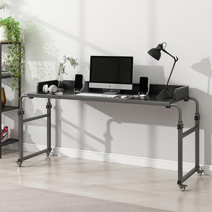LINGMI Kids and Adult Desk, Overbed Table with Wheels, Bed Desk Recliner Table Adjustable Height Laptop Table, Queen King Size Over The Bed Table with Metal Leg(Black) - color: Black