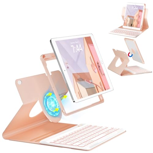 OYEEICE Keyboard Case for iPad 6th/5th Generation 9.7", 360° Rotatable, 7 Color Backlit Detachable Wireless Keyboard, Upgraded Magnetic Cover with Pen Holder for iPad Air 2nd Gen - color: Pink, size: 9.7 inch (6th/5th gen & Air 2nd gen)