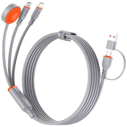 Travel Essentials 3 in 2 Multi Charging Cable 100W USB A/C to Dual USB C/for Apple Watch Charging Cable Silicone Fast Charge Compatible with iPhone 17-15 Series iPad MacBook, Type-C Devices 5FT-Grey - color: Grey