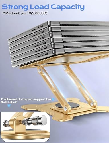 JCZT 360° Rotating Laptop Stand for Desk, Metal Foldable Laptop Riser Gold | Ergonomic Portable Adjustable Laptop Stand, Ventilated Cooling Notebook Holder for MacBook Air Pro, All 10-16'' Laptops - color: Gold