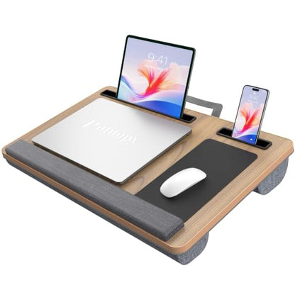 Potuopy Lap Desk - Up to 17” Laptop with Wrist Rest, Portable Handle, 2 Self-Adhesive PVC Mouse Pads, Tablet & Phone Slots, Laptop Stand for Bed with Cushion (Dark Brown Woodgrain) - color: Dark Brown Woodgrain