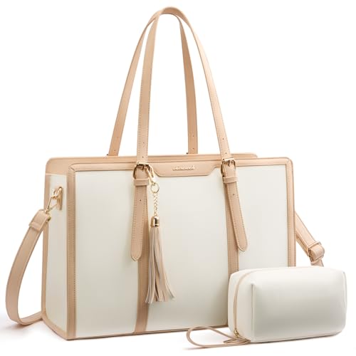 LOVEVOOK Laptop Bag for Women 15.6 inch Lightweight Canvas Laptop Tote Bag, Large Capacity Computer bag with Clutch Purse for Business, Work, Office, Travel, School（Pearl White & Beige，15.6 Inch） - color: Pearl White&beige, size: 15.6 Inch