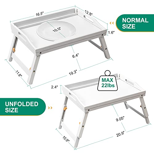 Bed Tray Table for Eating - Bamboo Breakfast Food Table with Phone Tablet Holder - Adjustable Height White Serving Tray with Folding Legs on Lap Sofa - Portable Laptop Snack Platter for Bedroom Picnic