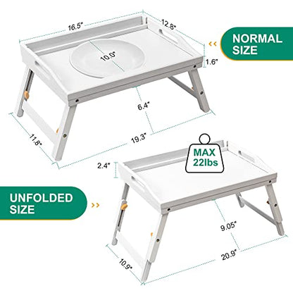 Bed Tray Table for Eating - Bamboo Breakfast Food Table with Phone Tablet Holder - Adjustable Height White Serving Tray with Folding Legs on Lap Sofa - Portable Laptop Snack Platter for Bedroom Picnic