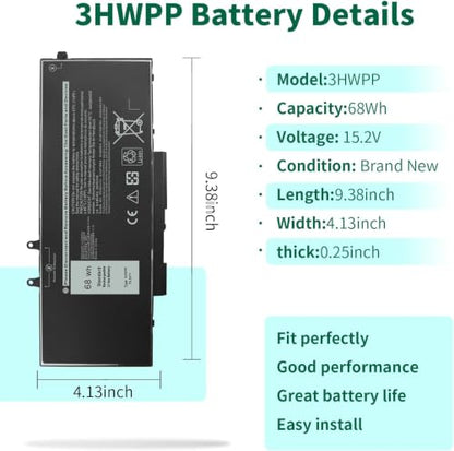 68Wh 3HWPP 15.2V Battery Replacement for Dell Inspiron 7706 2-in-1 Black | Inspiron 17 7500 7506 2-in-1 Black, Latitude 5401 5410 5411 5501 5510 5511 Precision 3551 3541 1VY7F - size: 9.38*4.13*0.25inch 3HWPP