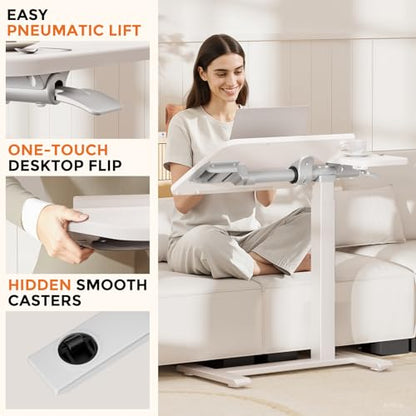 COMHOMA Tiltable Mobile Small Standing Desk, Pneumatic Adjustable Height Overbed Bedside Table with Wheels, Sit Stand Portable Rolling Laptop Desk Computer Workstations, White - color: White
