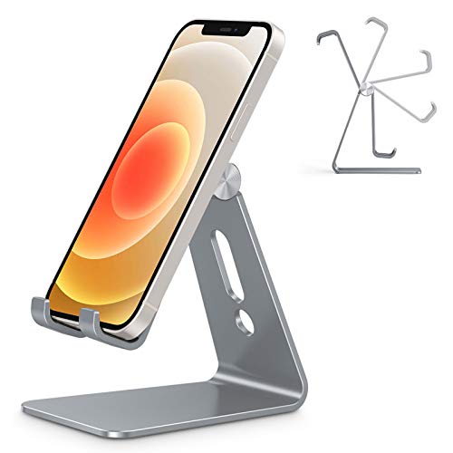 OMOTON C2 Adjustable Aluminum Cell Phone Stand with Charging Cutout, Grey | Sturdy 3mm Aluminum, Charging Port, 270° Adjustable, Non-Slip Silicone Pads, Works with Thick Cases, for All Smartphones - color: Grey