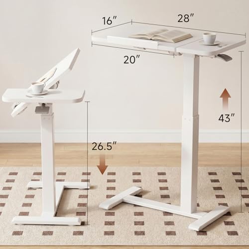 GTPLAYER Pneumatic Adjustable Standing Desk, 28 Inch Tiltable Mobile Rolling Laptop Table with Wheels, Overbed Bedside Table Computer Workstation for Home Office, White - color: White