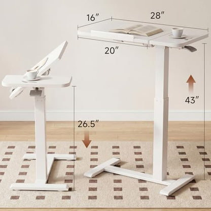 GTPLAYER Pneumatic Adjustable Standing Desk, 28 Inch Tiltable Mobile Rolling Laptop Table with Wheels, Overbed Bedside Table Computer Workstation for Home Office, White - color: White