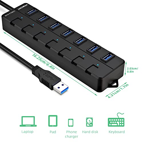 USB hub,7 Port USB 3.0 Hub,VEMONT USB Splitter with Individual On/Off Switches and Lights, 4ft/1.2m USB HUB Long Cable, USB Extension for Laptop and PC Computer