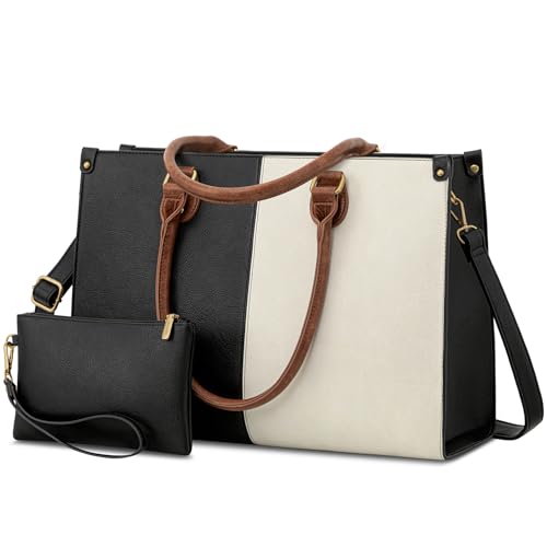 LOVEVOOK Laptop Tote Bag for Women, 15.6 Inch Professional Work Bag with Matching Clutch, Waterproof Vintage Leather Computer Tote for Office, Business Travel & Daily Use, Gift for Women - color: Black & White & Brown, size: 15.6 inch