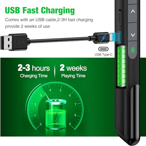 2 in 1 USB Type C Rechargeable Presentation Clicker with Green Pointer, Wireless Presenter for PowerPoint Presentation PPT Clicker, 2.4GHz Presentation Remote Slide Advancer for Computer MacBook - style: Green+Rechargeable+Black