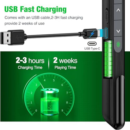 2 in 1 USB Type C Rechargeable Presentation Clicker with Green Pointer, Wireless Presenter for PowerPoint Presentation PPT Clicker, 2.4GHz Presentation Remote Slide Advancer for Computer MacBook - style: Green+Rechargeable+Black