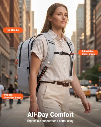 Tolaccea 30L Travel Laptop Backpack TSA Carry-On for Business Trips Commute | 100% RPET Recycled Fabric | EVA-cushioned Laptop Protection | TSA 180° Lay-flat Opening | Reinforced Stability Base Panel - color: Light Gray