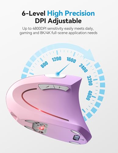 TECKNET Ergonomic Mouse Rechargeable Bluetooth - 4800 DPI Vertical Mice 6 Adjustable Levels, Wireless Optical Carpal Tunnel Mouse Right Hand, Multi Device for Laptop, PC, Computer - Pink Purple - color: Pink Purple