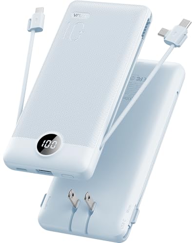 VRURC Portable Charger, Power Bank Built-in Cables and AC Wall Plug | USB C Power Bank 10000mAh, Travel Essentials Phone Charger Compact External Battery Pack For Smart Phones, Tablets etc-Blue - color: Blue