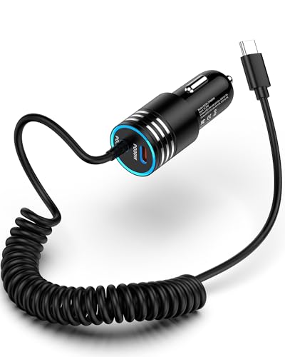 60W Car Charger USB C with Coiled Cable Type C cargador para Car for iPhone | Dual PD Fast Charging Tangle-Free Coiled Cable 60W Max Car Adapter for Travel iPhone 17e 16e 17 Pro Max 16 15 Support Carplay