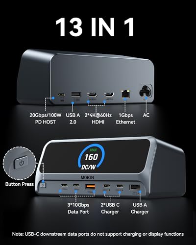 MOKiN Docking Station Dual Monitor with 2 HDMI/Built in 160W Power | USB C Dock LCD Work Status & Privacy Button/Built in Power,No external power brick/Dual HDMI 4K/Windows Extend