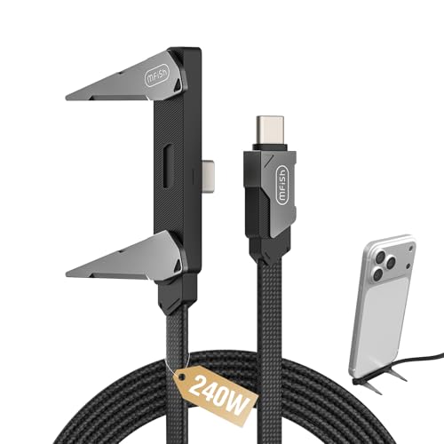 MFish 240W USB-C Cable with Foldable Stand, 3.93FT | 90° T-shaped plug, PD 3.1, E-Marker chip, 45,000 bend test, slim-case fit - color: Black