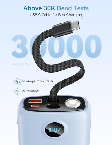 DIAMUAR Portable Charger 20000mAh 45W, Built in USB C Cable, 3W Flashlight | Fast Charging, Digital Display, 3 Ports, All-Day Power, Travel-Ready, for iPhone 17/16/15, Tablet, Laptop, Camping Essentials - color: Blue