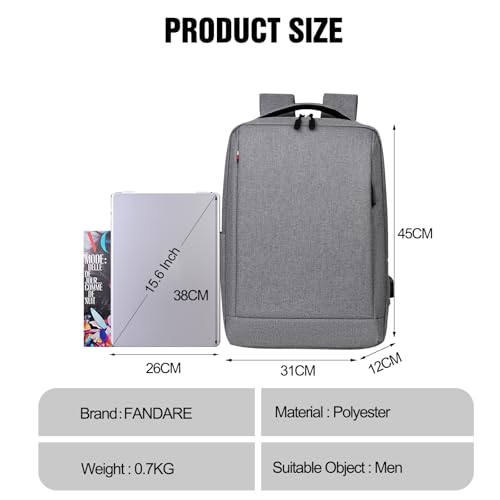 FANDARE 15.6 inch Business Laptop Rucksack Bag with USB Charging Port Mens Laptop Backpack Business Travel Rucksack Polyester Daypack with Luggage Strap Multi-Compartment for Work Commuter Light Gray - color: Light Gray