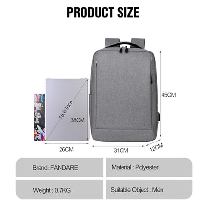 FANDARE 15.6 inch Business Laptop Rucksack Bag with USB Charging Port Mens Laptop Backpack Business Travel Rucksack Polyester Daypack with Luggage Strap Multi-Compartment for Work Commuter Light Gray - color: Light Gray