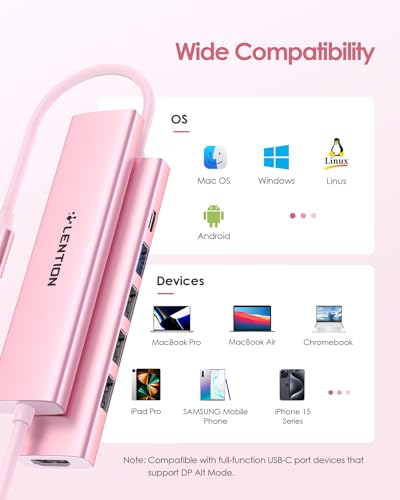 LENTION 6-in-1 USB C Hub, 4K@30Hz HDMI, 100W PD, 1 USB 3.0, 3 USB 2.0 | Ideal for Work & Study, Stable Driver 3.0 Certified, Compatible with macOS, iOS/iPadOS, Windows & ChromeOS (CH17, Rose Gold) - color: Rose Gold