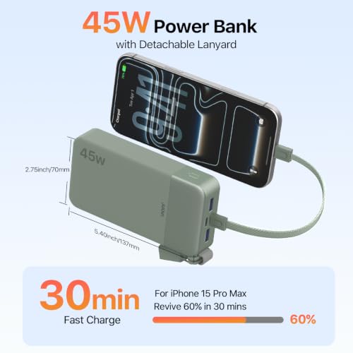 JUOVI Power Bank 45W 20000mAh Portable Charger with Detachable Cable | USB C Fast Charging with 4 Ports, LED Display External Battery Pack for iPad Tablet Switch iPhone Samsung etc - color: Green