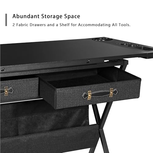 VECELO Drafting Table Art Desk Art Table Adjustable Drawing Table Tilted Tabletop with 2 Storage Drawers and Stool, Drawing Desk for Artist Painters Drawing, Crafting, Reading, Writing, Black - color: Black