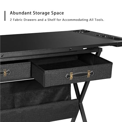 VECELO Drafting Table Art Desk Art Table Adjustable Drawing Table Tilted Tabletop with 2 Storage Drawers and Stool, Drawing Desk for Artist Painters Drawing, Crafting, Reading, Writing, Black - color: Black