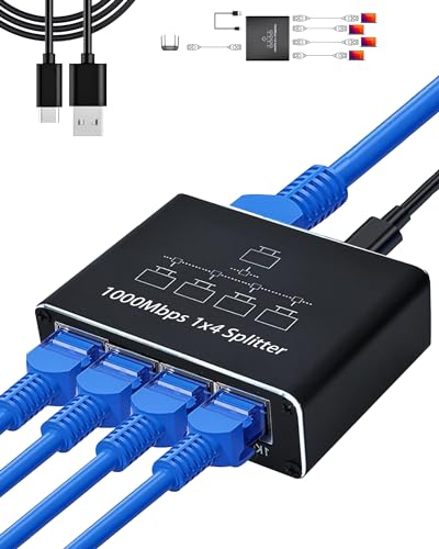 LIEZHUA Ethernet Splitter 1 to 4 - Network Splitter with USB Power Cable, RJ45 Internet Splitter Adapter 1000Mbps High Speed for Cat 5/5e/6/7/8 Cable [4 Devices Networked Simultaneously] | 4 Devices Networked Simultaneously ,1000 Mbps Multi-port network S