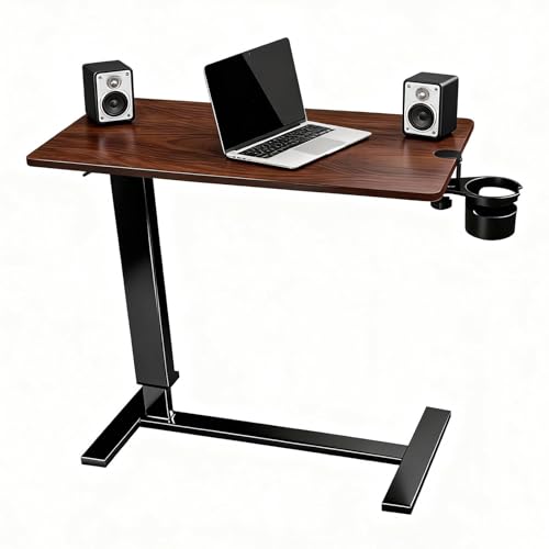 Adjustable Overbed Bedside Table with Wheels, Walnut Finish | Rolling Tray Desk, Height-Adjustable