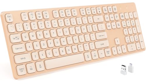Rechargeable Wireless Keyboard for Mac and Windows, Ultra Slim 2.4GHz Full-Size Keyboard with Low-Profile Quiet Keys, Compatible with PC, Laptop, Windows 11/10/8/7 (Milk Tea) - color: Milk Tea Color