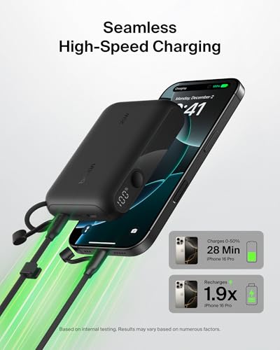 Belkin Portable Charger, Slim USB-C Power Bank 10,000mAh w/ 2 USB-C Ports, Digital Battery Display, 20W Charging Battery Pack - iPhone 17, Air, Pro, Samsung Galaxy S25, Pixel 10, iPad, & More - Black - color: Black, style: 10K mAh