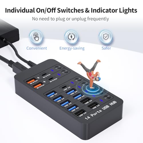 Powered USB Hub, 14 Ports USB Splitter with Individual Power On/Off Switches, 60W Power Adapter for Mac, PC, and More