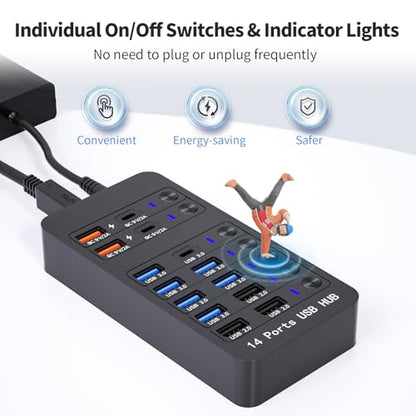 Powered USB Hub, 14 Ports USB Splitter with Individual Power On/Off Switches, 60W Power Adapter for Mac, PC, and More