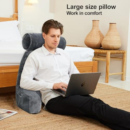 Reading Pillow for Adults Sitting‑Up in Bed, Backrest with Arms | Detachable Neck‑Cushion; Shredded Memory‑Foam; Side Pockets; Washable Velvet Cover; Gaming & TV, Sofa Use - color: Grey