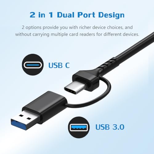USB C USB 3.0 Dual Interface Multi Card Reader, OTG Adapter, with 4 Card Slots, USB C/A Ports, 5Gbps, 2TB Capacity, Suitable for SD MS CF TF Cards, Compatible with iPhone/iPad/MacBook/Samsung